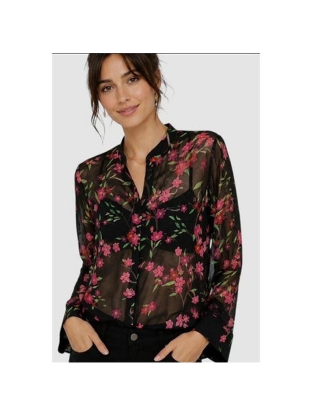 Alice and Olivia Silk Blend Oversized Floral Button Down Sheer Blouse Size XS
